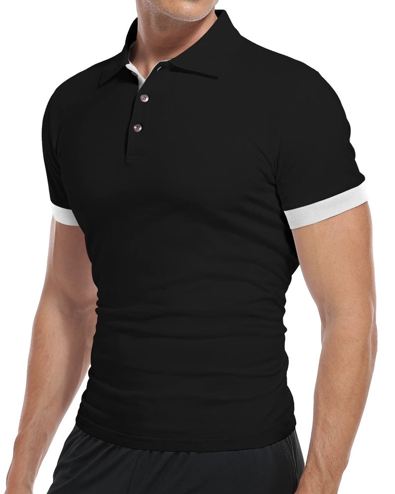 KUYIGO Men's Short Sleeve Polo Shirts Casual Slim Fit Basic Designed Cotton Collared Shirt XL Black - Image 2
